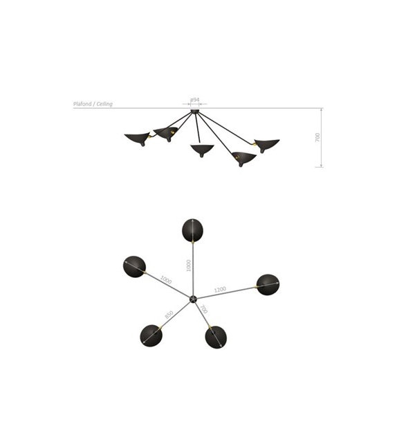 Ceiling Lamp "Spider" 5 Still Arms Serge Mouille