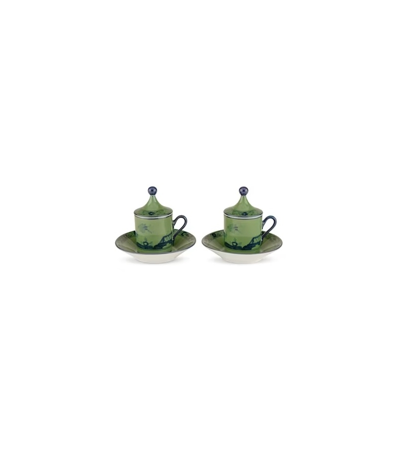 Tazza Caffè con Piatto e Coperchio Oriente Italiano Malachite Ginori 1735 Coffee Mug