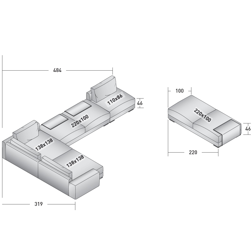 Myplace_ C_ 484x319xH63 cm+ Pouf 220x100xH46 cm