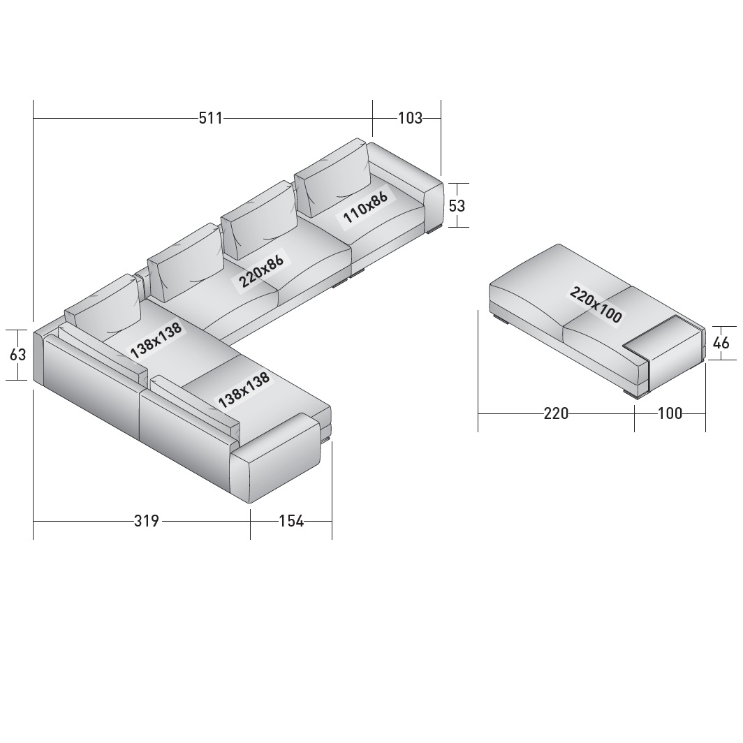 Myplace_ D_ 511x319xH63 cm+ Pouf 220x100xH46 cm