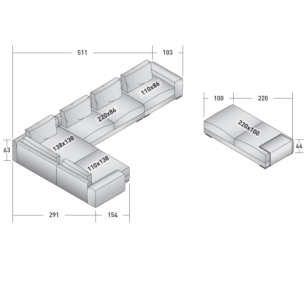 Myplace_ D1_ 511x291xH63 cm+ Pouf 220x100xH46 cm