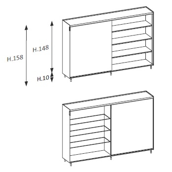 Flyer_ 200.4 x 46 x H 158 cm_ 1 anta scorrevole 4 vani a giorno 3 ripiani in vetro