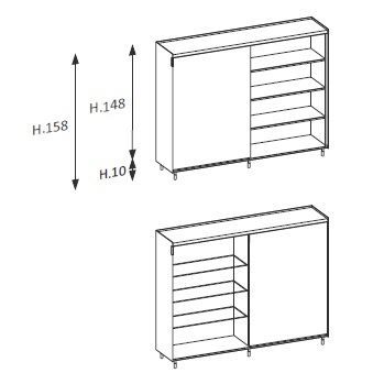 Flyer_ 240.4 x 46 x H 158 cm_ 1 anta scorrevole  4 vani a giorno 3 ripiani in vetro